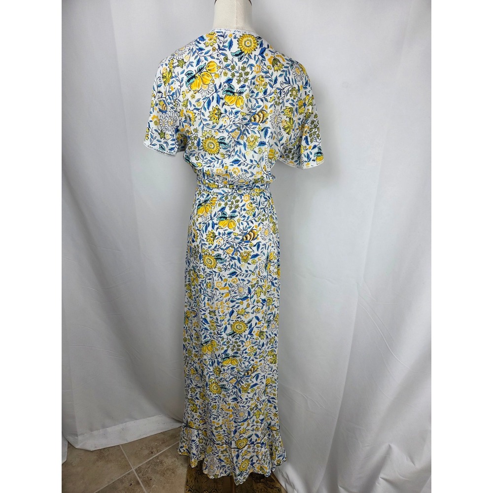 Poupette St Barth Joe Wrap Maxi Dress M Blue Yellow Sunflower Ruffle Resortwear - Picture 6 of 12
